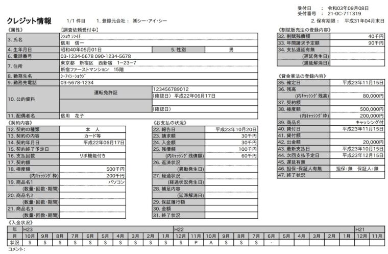 信用情報開示報告書 雛形