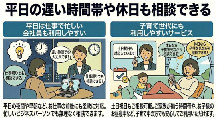 平日の遅い時間帯や休日も相談できる